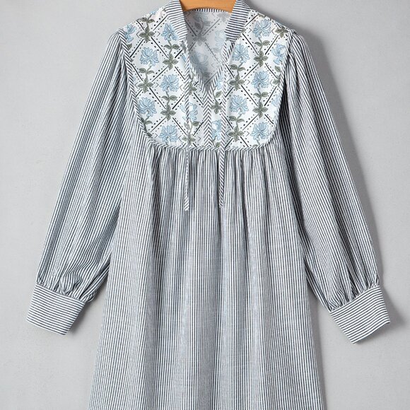 B264 Black Stripe Floral Patchwork Tied V Neck Shift Long Sleeve Mini Dress - Picture 7 of 14